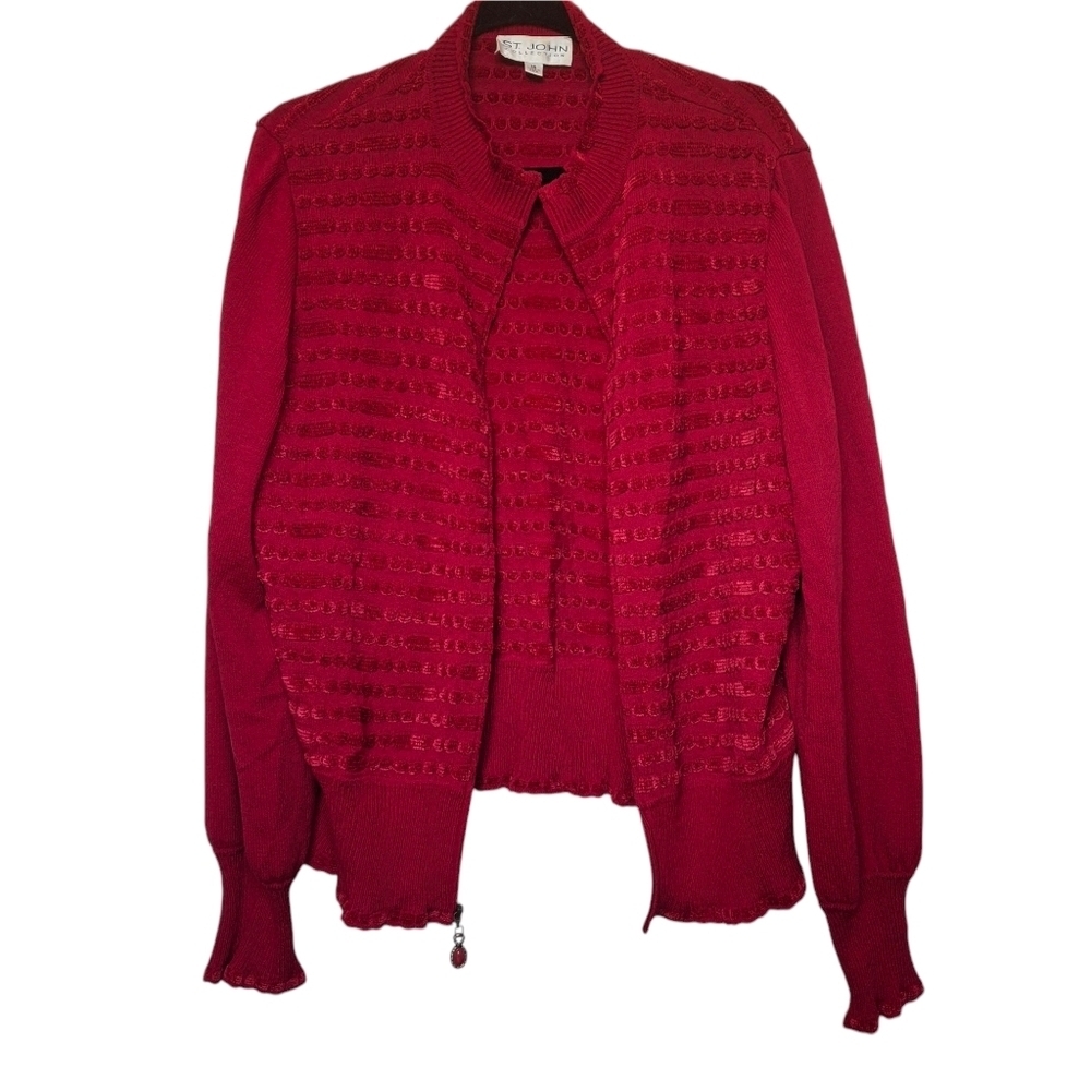 St. John Collection Red Knit Full Zip Long Sleeve Cardigan Sweater Women Size 14 - Picture 3 of 16